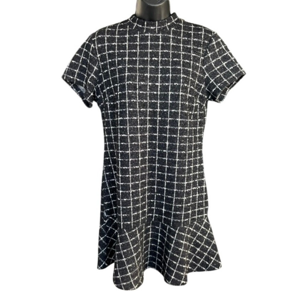 Mango Ruffle Hem‎ Tweed Mini Dress Sz 10 Black Check Drop Waist Twee Academia